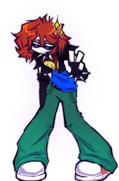 a drawing of a person with red hair and green pants, wearing a black jacket