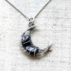 Crescent Moon Necklace, wire wrap gemstone jewelry, mens sterling silver pendant, black gem stones, unique gifts for men or women by RockyRoadJewelry on Etsy Wire Jewelry For Men, Moon Necklace Men, Wire Wrapped Gemstone Jewelry, Crescent Moon Necklace Silver, Wire Wrapped Stone Jewelry, Wire Jewelery, Black Gems, Jewelry Mens, Wire Wrapping Stones