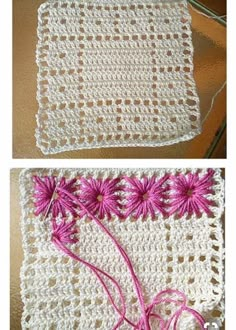 crocheted flower on white cloth with pink flowers in the center and two pictures of it