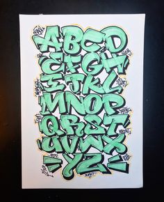 an image of graffiti written in green on white paper with black border around the letters