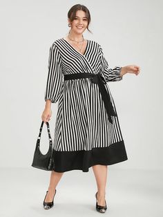 Striped Contrast Patchwork Lantern Sleeve Pocket Belted Wrap Dress Business Outfits Women Plus Size, Spring Business Casual, Belted Wrap Dress, Business Outfits Women, Trendy Dress, Plus Size Clothing For Women, Pocket Belt, Women Plus Size, Casual Spring