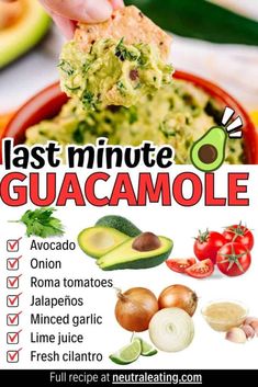 a poster with the words last minute guacamole in spanish and pictures of vegetables