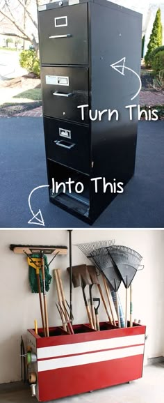 the before and after photo shows how to clean an old filing cabinet with brooms