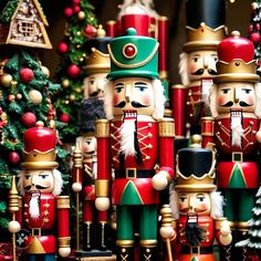 nutcrackers and christmas trees are in the background