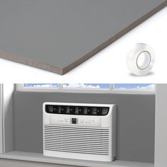 an air conditioner sitting on top of a shelf next to a window