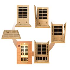 four different types of wooden saunas on display