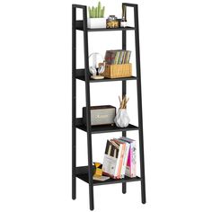 a book shelf with books and other items on it, against a white background photo