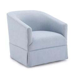 a light blue chair with a rounded back and foot rests on a white background,