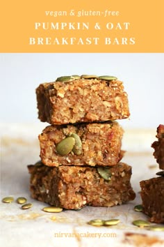 pumpkin and oat breakfast bars stacked on top of each other with text overlay