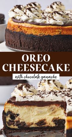 oreo cheesecake with chocolate glaze and whipped cream on top is cut into slices