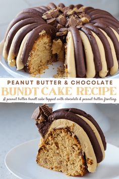 a bundt cake with peanut butter and chocolate frosting on top is cut in half