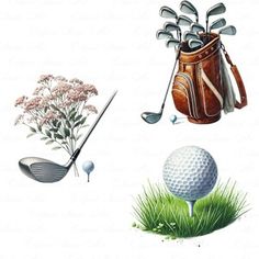 an image of golf related items in the grass with flowers and clubs on it's back