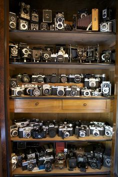 many different cameras are on display in a wooden case with glass doors and shelves full of them