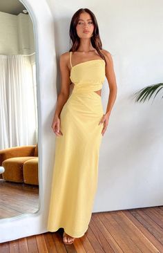 Cindy Yellow Maxi Dress – Beginning Boutique US Summer Day Party, Prom Midi Dress, Yellow Maxi Dress, 60's Dress, Yellow Maxi, Semi Formal Dresses, Beginning Boutique, Dress Inspo, White Heels