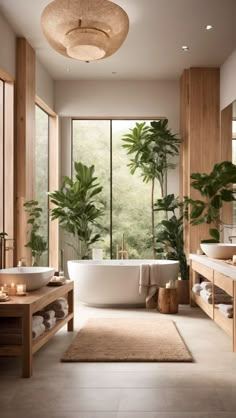 a large bathroom with two sinks and a bathtub in the center, surrounded by greenery