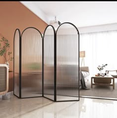 a room divider in the middle of a living room