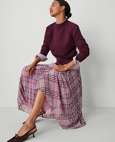 Keep it breezy and fresh with our pleated skirt, styled for a fully feminine spin. Hidden side zipper with hook-and-eye closure. Lined.,Hit:Hits at ankle,Imported:Imported,Length:34" long,Fabrication:100% Polyester,Garment Care:Machine Washable Plaid Pleated Midi Skirt by Ann Taylor Size regular - 0 Sunset Lavender Women's Full, Skirts, 100%, Polyester, Machine, Washable Winter Midi Skirt Outfit, Early Spring Fashion, Midi Skirt Winter, Classy Wear, Plaid Wool Skirt, Work Fits, Midi Skirt Outfit, Feminine Fashion, Full Skirts