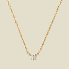 Bring a flawlessly fresh aesthetic to your go-to lineup with our CZ Baguette Necklace. Featuring 3 sparkling prong-set baguette CZs fixed on a dainty chain, this piece adds a little elevation to your everyday. Fresh Aesthetic, Baguette Necklace, Made By Mary, Dainty Chain, Baguette Cut, Prong Setting, Necklaces, Chain, Ring