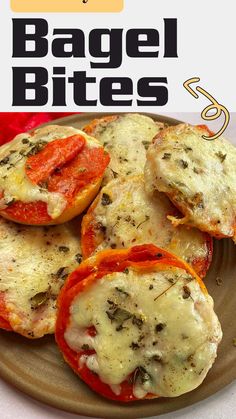 an advertisement for bagel bites on a plate with tomatoes and cheese in the background