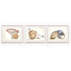 three framed pictures of baseballs and mitts