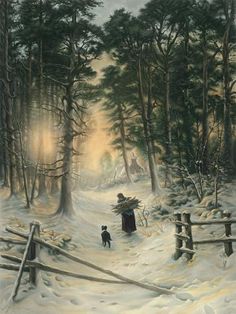 a painting of a woman and child walking through the woods in winter with snow on the ground