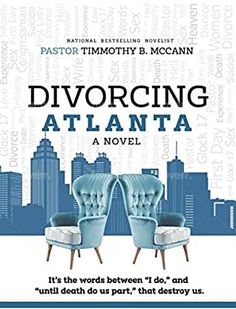 a book cover with two chairs in front of a cityscape and the words divoring atlanta