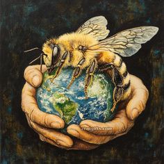 a painting of two bees holding the earth in their hands