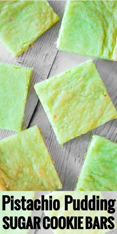 pistachio pudding sugar cookie bars on a wooden table with the title overlay