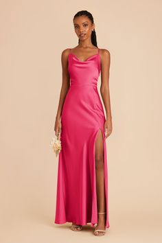 Featuring a 90's cowl neck, this floor-length matte satin bridesmaid dress is a head-turning statuesque beauty. Available in Fuchsia. Our matte satin midi got a glow-up! | Fuchsia Bridesmaid Dress Matte Satin Size Medium | Birdy Grey Lisa Long Bright Pink Satin Dress, Orange And Pink Bridesmaid Dresses, Pink Satin Dress Long, Magenta Bridesmaid Dresses, Fuchsia Dress Outfit, Bright Pink Maxi Dress, Bridesmaid Satin Dresses, Fuschia Bridesmaid Dresses, Hot Pink Satin Dress