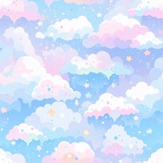 the sky with stars and clouds is painted in pastel pink, blue and white