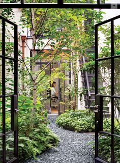 an open door leading into a lush green garden