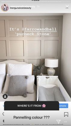 an image of a bed with pillows and blankets on it's headboard that says, it's farrowandball / purbeck stone where's it from paneling