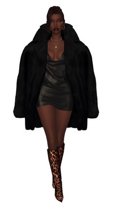 a woman in a short dress and leopard print boots is wearing a black fur coat