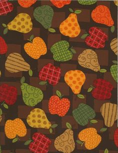 an image of apples and pears on a brown background with red, green, yellow, orange, and black squares