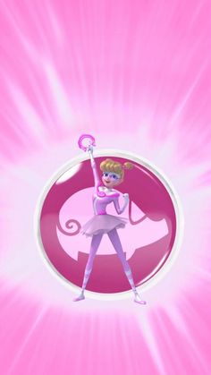 a pink background with a cartoon character in the center and an image of a ballerina