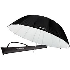 an umbrella with black and white stripes on it, sitting next to a long stick