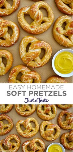 Top image: A close-up view of homemade soft pretzels topped with salt next to a small bowl containing mustard. Bottom image: A top-down view of soft pretzels. Pretzel Crust, Oreo Dessert