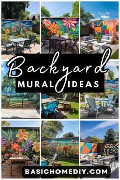 back yard mural ideas with colorful flowers and chairs