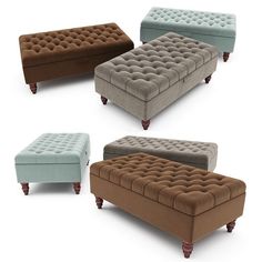 four different colored couches with wooden legs