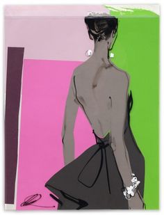 a painting with a woman in a black dress and pink, green, and purple background