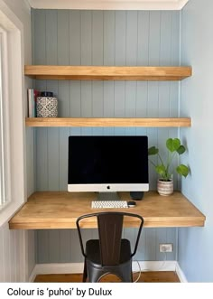 a desk with a computer on top of it in front of some shelves and a potted plant