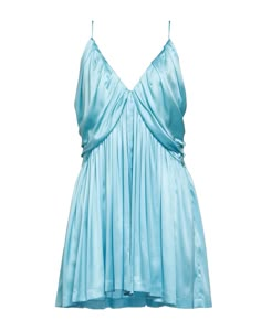 This sleeveless mini dress features a V-neckline, frills, folds, and a trapeze silhouette. It is made of satin with stretch and is unlined. The dress has no pockets. Cool Mini Dresses, Silk Mini Dresses, Dresses Night Out, Unique Short Dresses, Mini Dress Fancy, Blue Prom Dress Short, Blue Summer Dress Outfit, Formal Dresses Mini, Speak Now Outfits