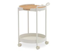 a white and wood serving cart with wheels