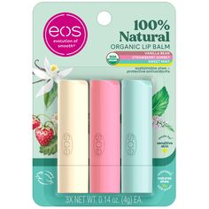 PRICES MAY VARY. VARIETY 3-PACK LIP BALMS: This 3-pack contains our best 100% natural & organic flavors: strawberry sorbet, sweet mint, and vanilla bean 100% NATURAL & ORGANIC: Our USDA Certified Organic lip balms are made with high-quality ingredients and have single-note flavors that taste lighter and cleaner just like they came from nature ALL-DAY MOISTURE: Our lip balms are packed with powerful skincare ingredients like sustainable shea butter + oil that locks-in moisture for lasting protect Eos Chapstick, Shea Butter Oil, Lip Balm Stick, Strawberry Sorbet, Eos Lip Balm, Sweet Mint, Organic Lip Balm, Moisturizing Lip Balm, Lip Hydration