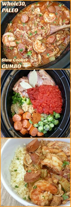 three pictures showing different types of food in the same pan and one with shrimp, carrots