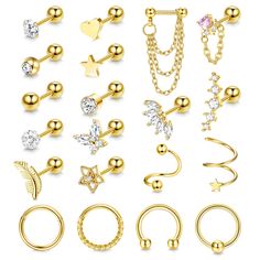 various types of piercings with different shapes and sizes on them, including nose rings