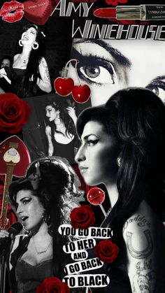 a collage of photos with red roses and tattoos on them, including an image of a woman's face