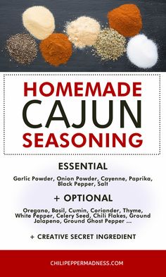 an advertisement for cajun seasoning is shown in red, white and black colors