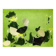 an abstract painting with green and black shapes on a green background that has white circles in the middle