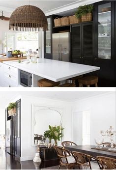 two pictures of the same kitchen and dining room